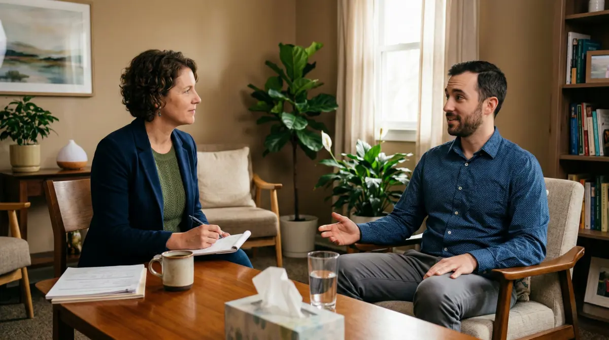 A quantum healing practitioner and client in a warm consultation room discussing the client's wellness concerns before a session.