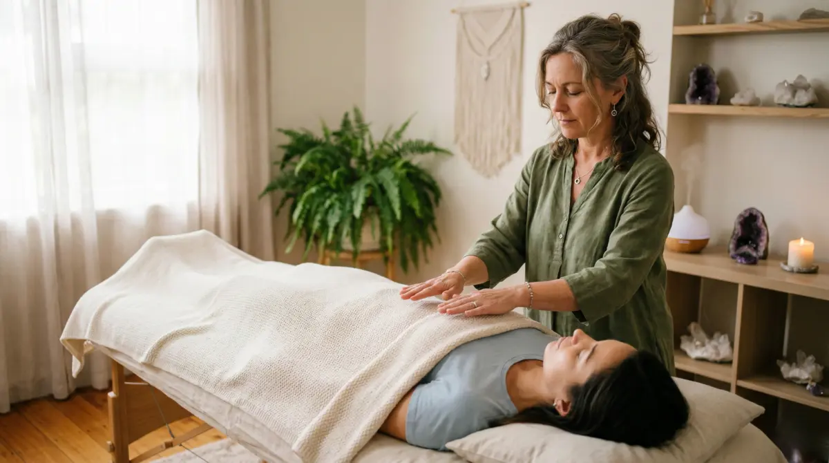 A quantum healing practitioner holding hands above a relaxed client during an energy healing session in a softly lit room. How Quantum Healing Practitioners Diagnose and Treat Patients