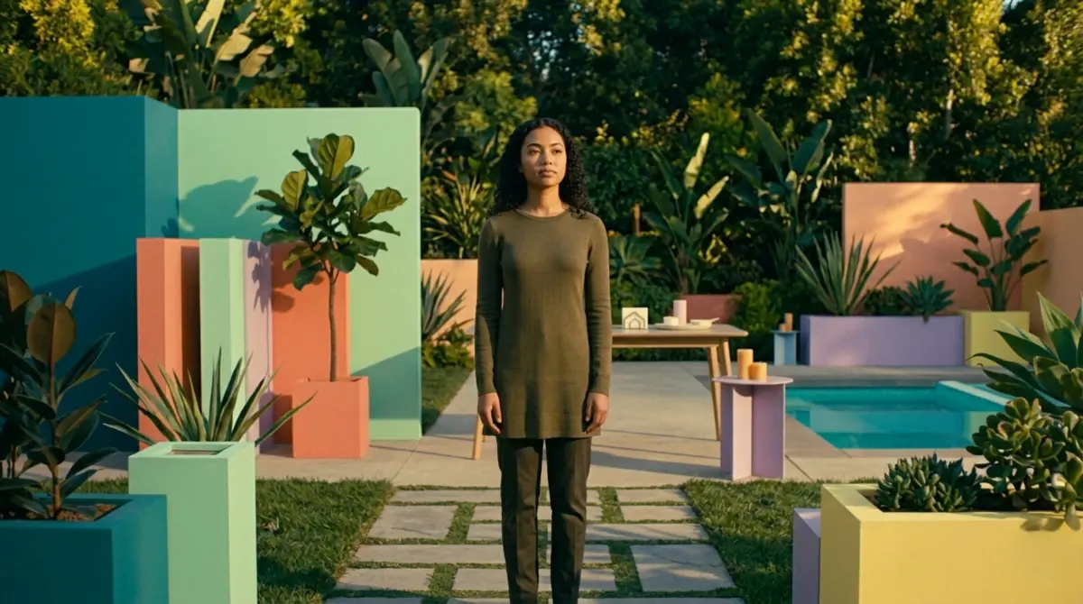 Woman standing outdoors with face slightly lifted, eyes open and present, embodying the quiet emergence of authentic self after healing