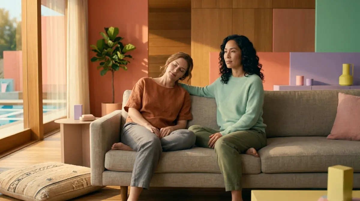 Two friends sitting in comfortable silence on a couch demonstrating nervous system co-regulation and vagal safety. vagus nerve stimulation at home