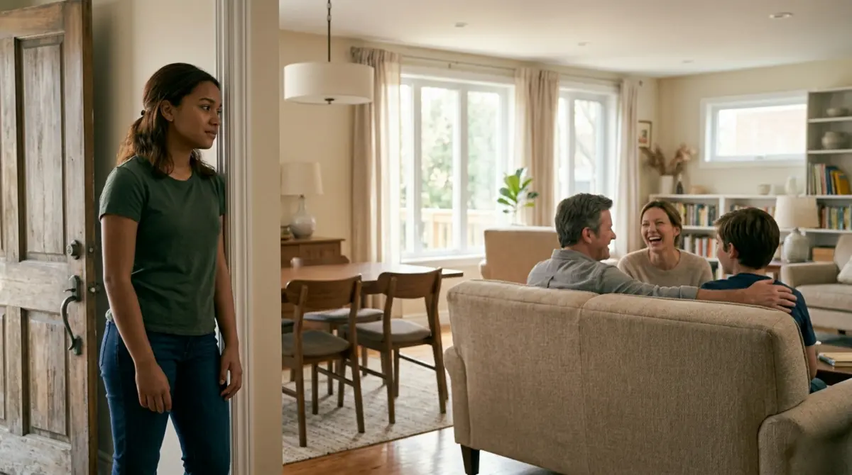 Young woman stands by a door, looking at a laughing family of three on a couch in a bright living room