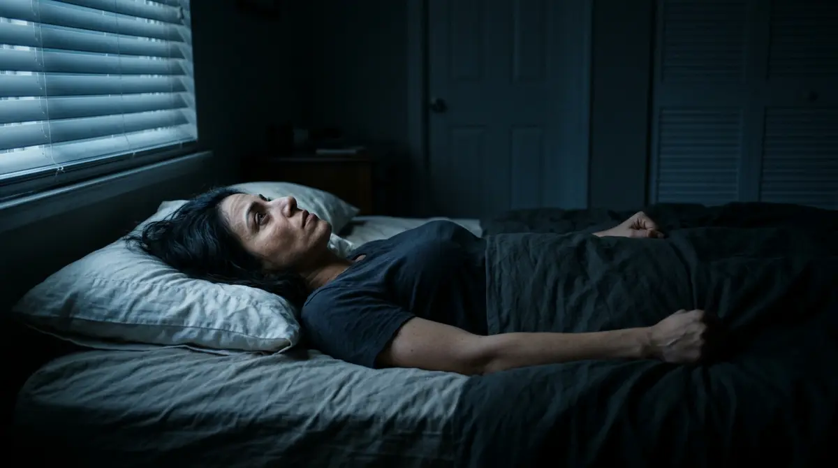 Woman lying awake in bed at night with eyes open and body tense, representing sympathetic nervous system hyperarousal and insomnia caused by narcissistic abuse