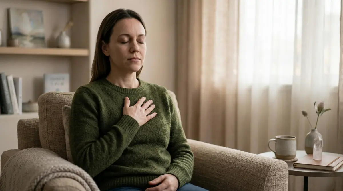 A person seated with eyes closed and a hand over their heart, practicing body awareness as a step toward recognizing and healing stored trauma.