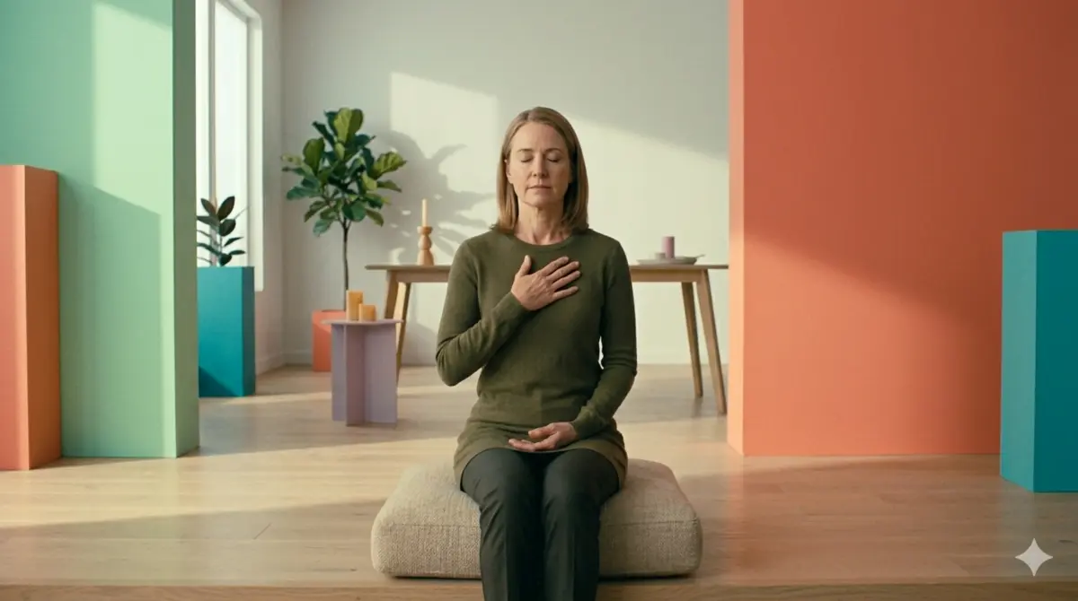 Woman with eyes closed and hand on her chest in a somatic grounding practice, representing nervous system healing from trauma