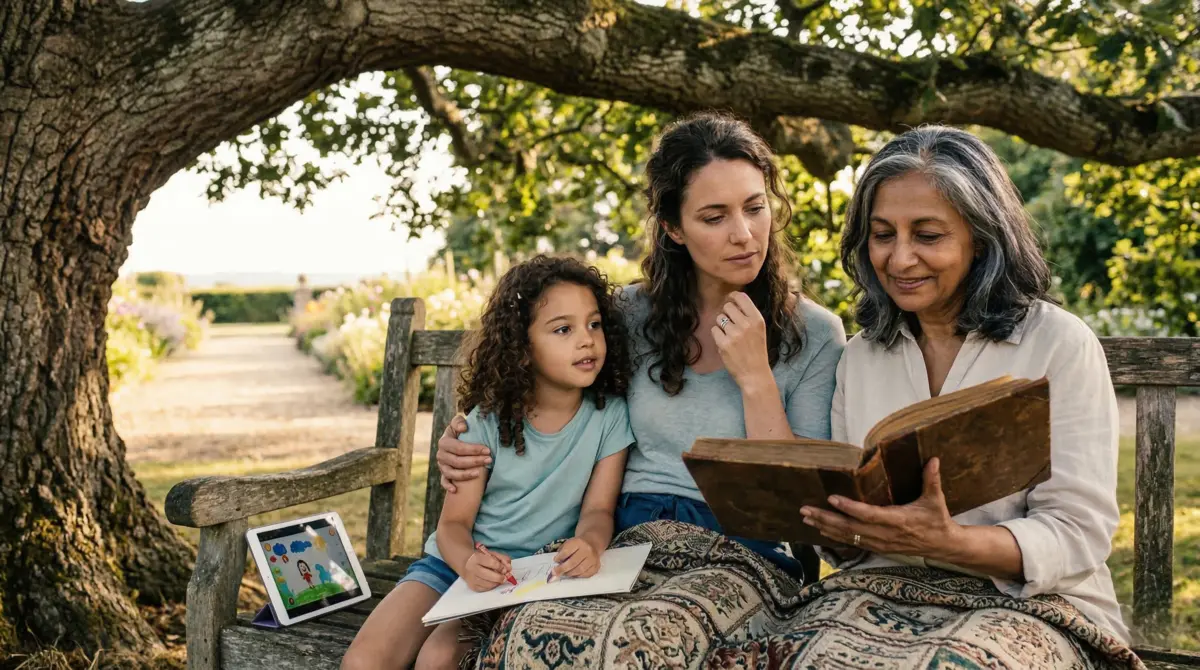 A three-generation family sitting together outdoors, representing how health patterns and epigenetic marks can pass between generations