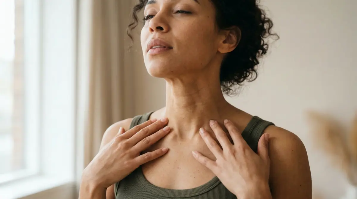 Close-up of a person with hands resting gently at their collarbone, representing throat chakra awareness and tension release