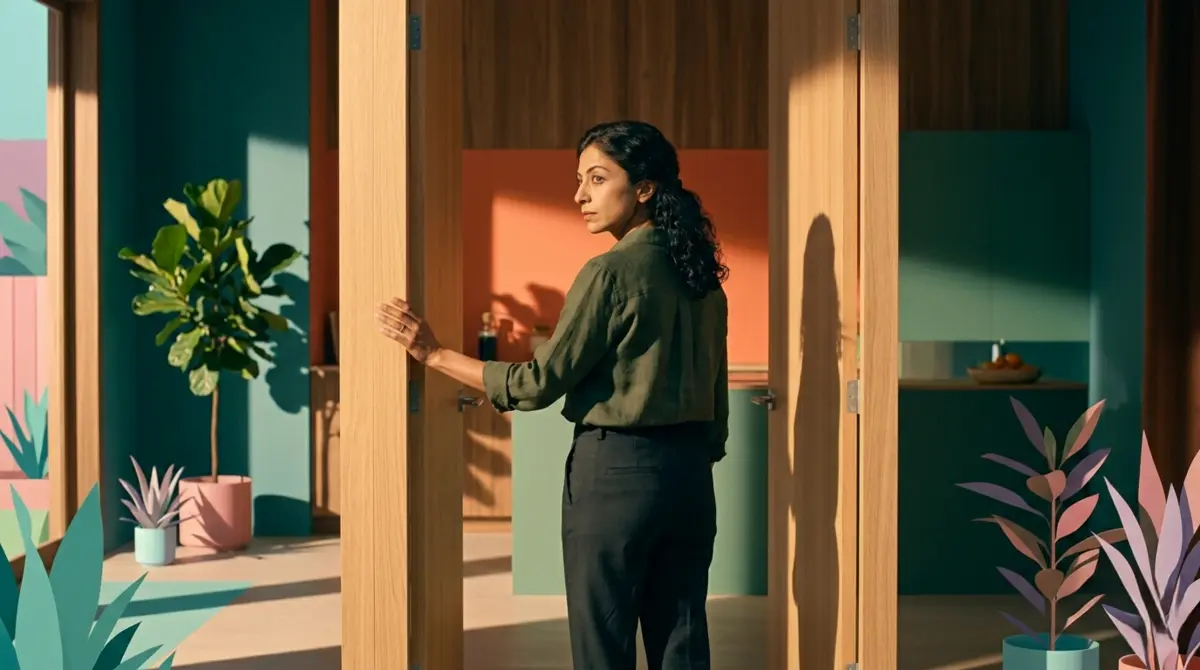 Woman standing at an open front door, looking back inside, caught between leaving and staying, representing the trauma bond pull