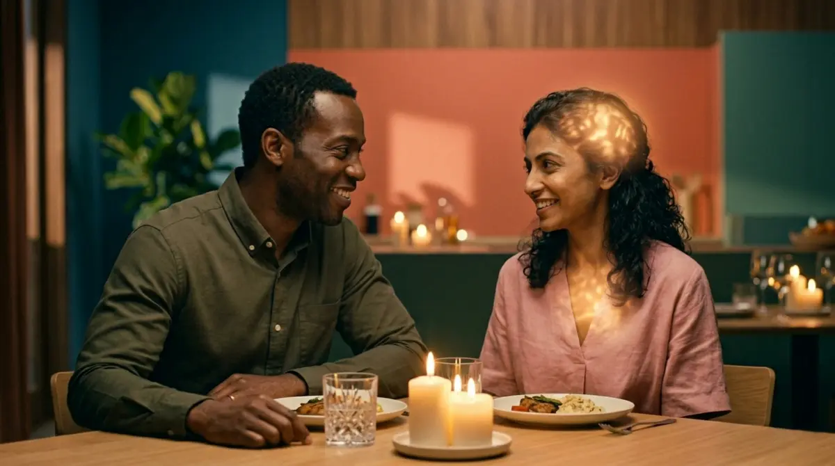 Couple in an intense moment that looks like romance but carries a subtle tension reflecting love bombing dynamics