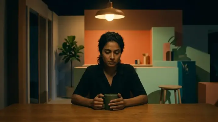 Woman sitting alone at night, hands around a cup, deep in thought about a painful relationship from trauma bonding