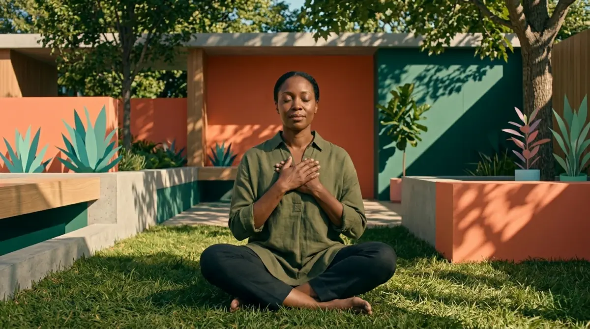 Woman outdoors with hands over her heart and eyes closed, practicing somatic breathwork as part of trauma bond recovery