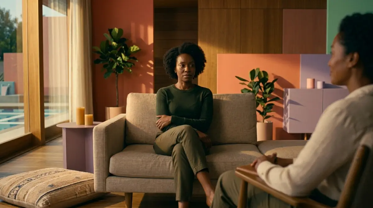 Woman in a therapy session with a warm therapist, her posture open and beginning to relax, representing healing from the fawn response