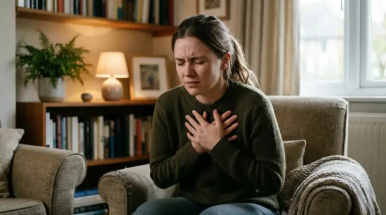 A person sitting quietly indoors with tense shoulders and hands pressed to chest, depicting physical stress held in the body from trauma retention