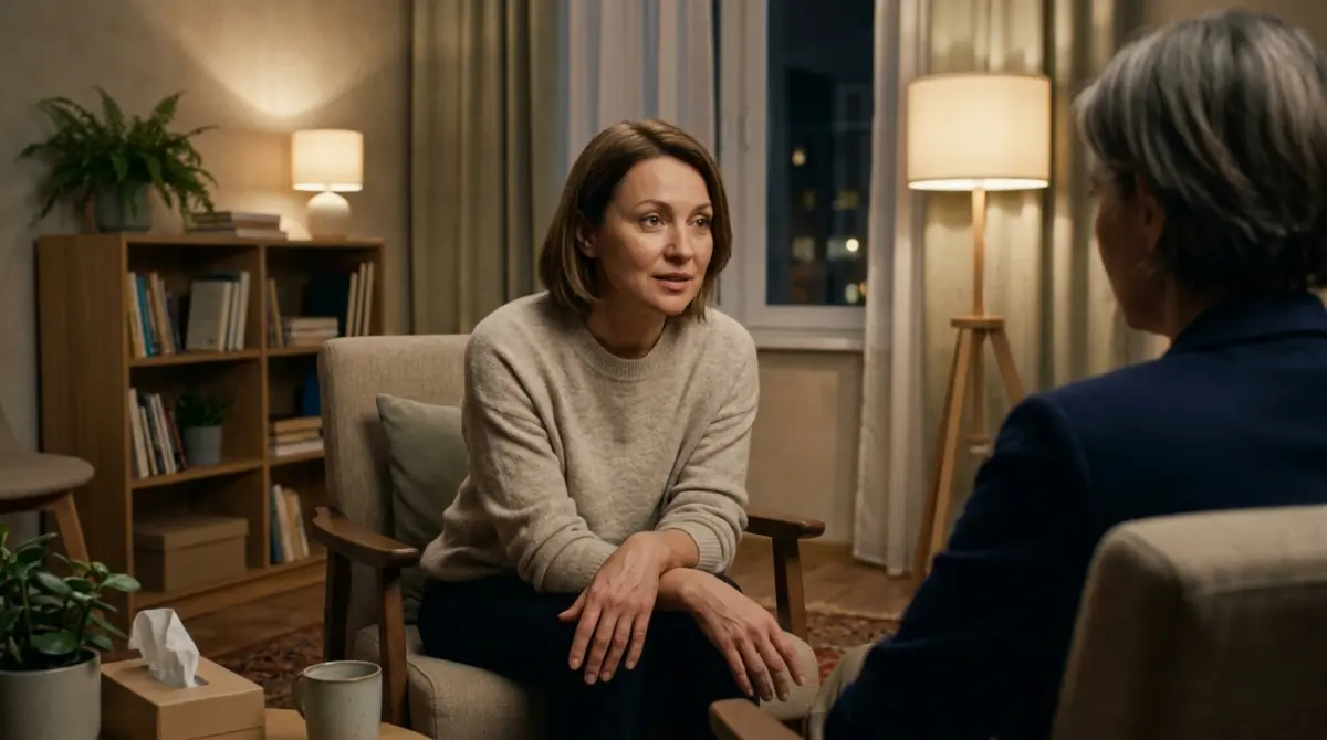 Woman in beige sweater speaks to another woman in a cozy room with bookshelves and lamps