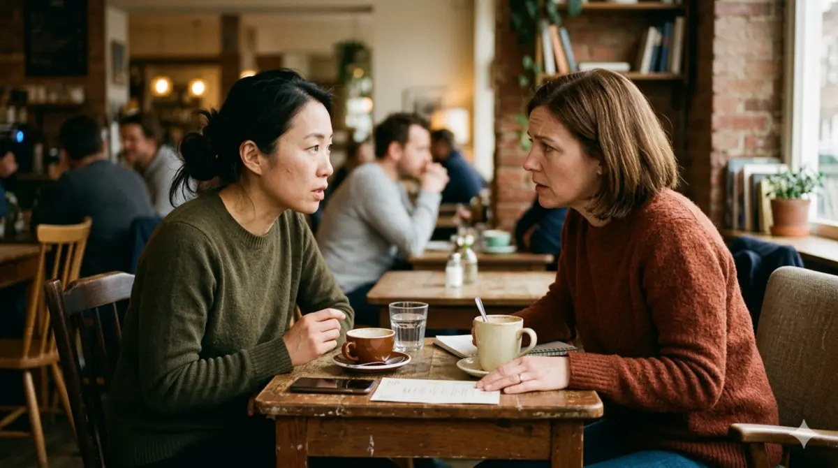 Two women in sweaters talk across a wooden table in a cafe, with coffee, water, and blurred patrons in the background