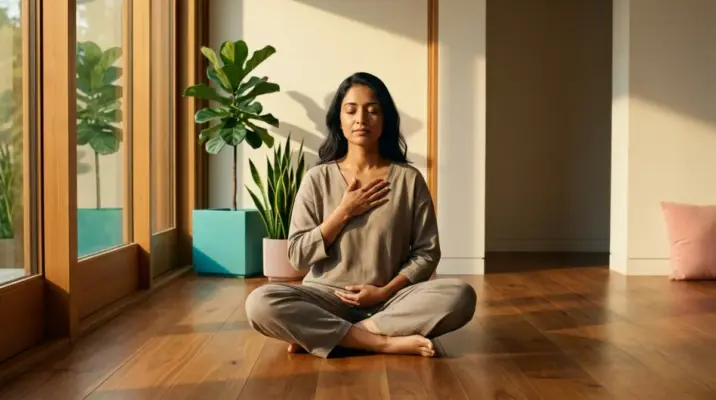 Person sitting on floor at home practicing breath-focused meditation for vagus nerve and trauma healing