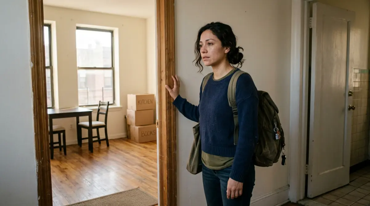 Woman with backpack in a doorway, looking into an empty room with moving boxes, a table, and chairs