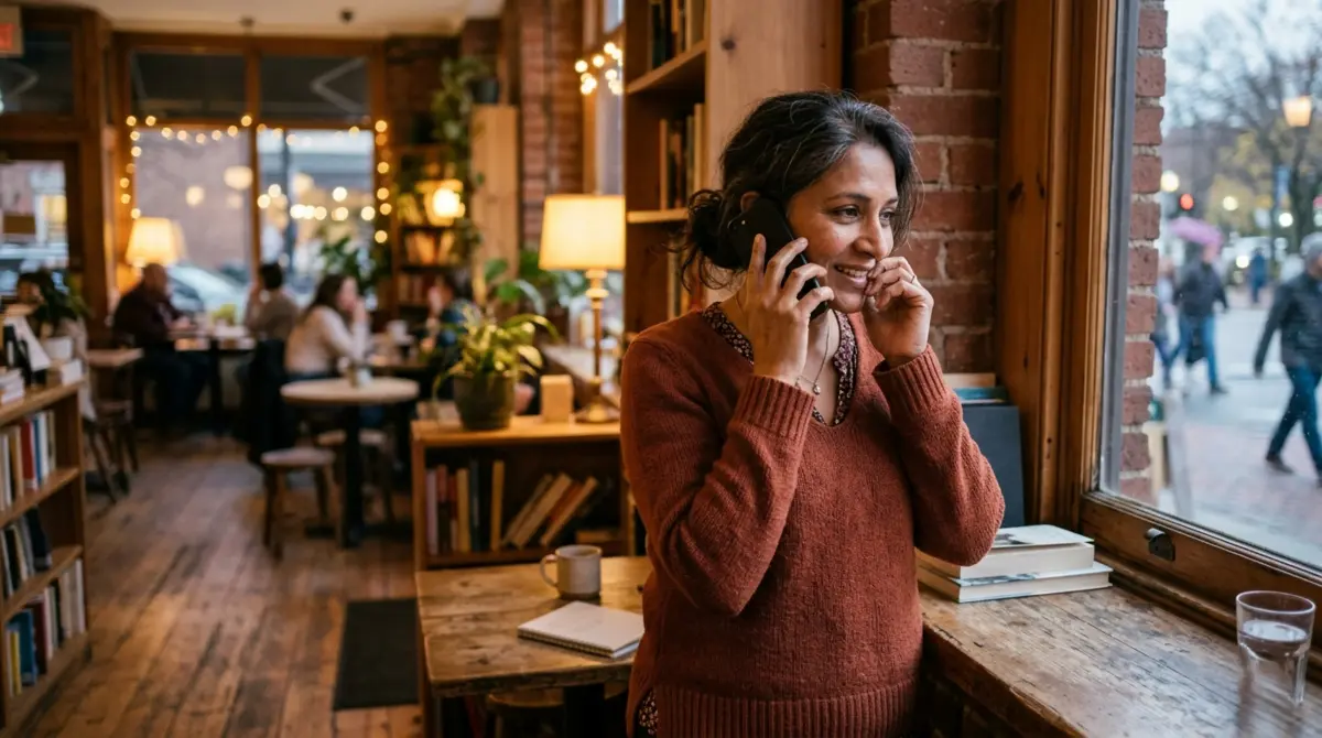 Smiling woman in a rust sweater talks on a phone in a cozy cafe, looking out a window at a street
