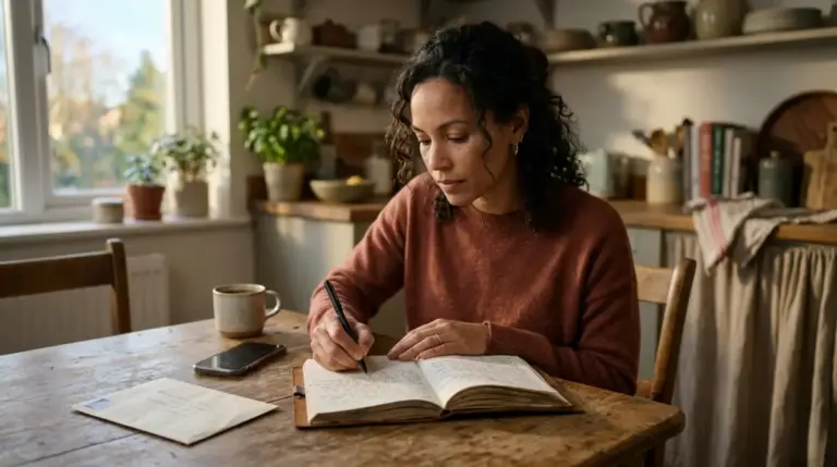 A woman writing in a journal at a kitchen table with important documents nearby, quietly planning her exit from a toxic relationship