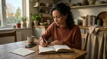 A woman writing in a journal at a kitchen table with important documents nearby, quietly planning her exit from a toxic relationship