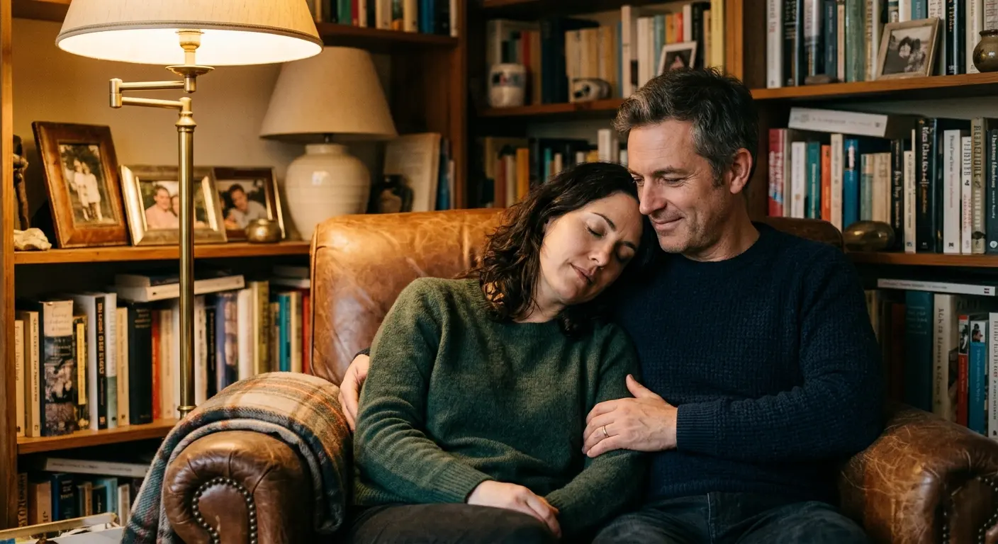 A man and woman sit together in a leather armchair in a library, the woman resting her head on the man's shoulder