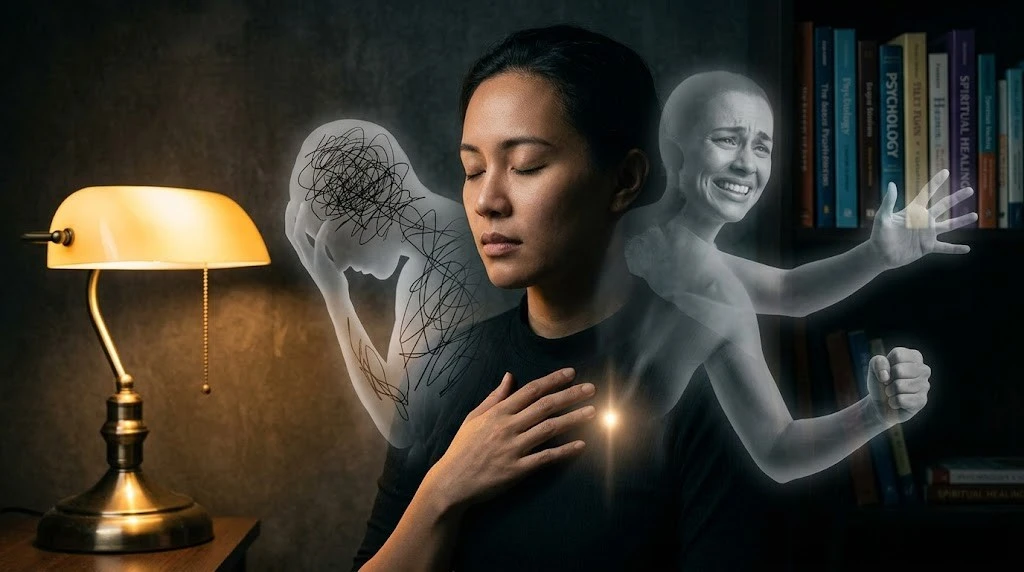 A woman sits calmly with eyes closed while transparent figures representing mental turmoil and distress emerge from her