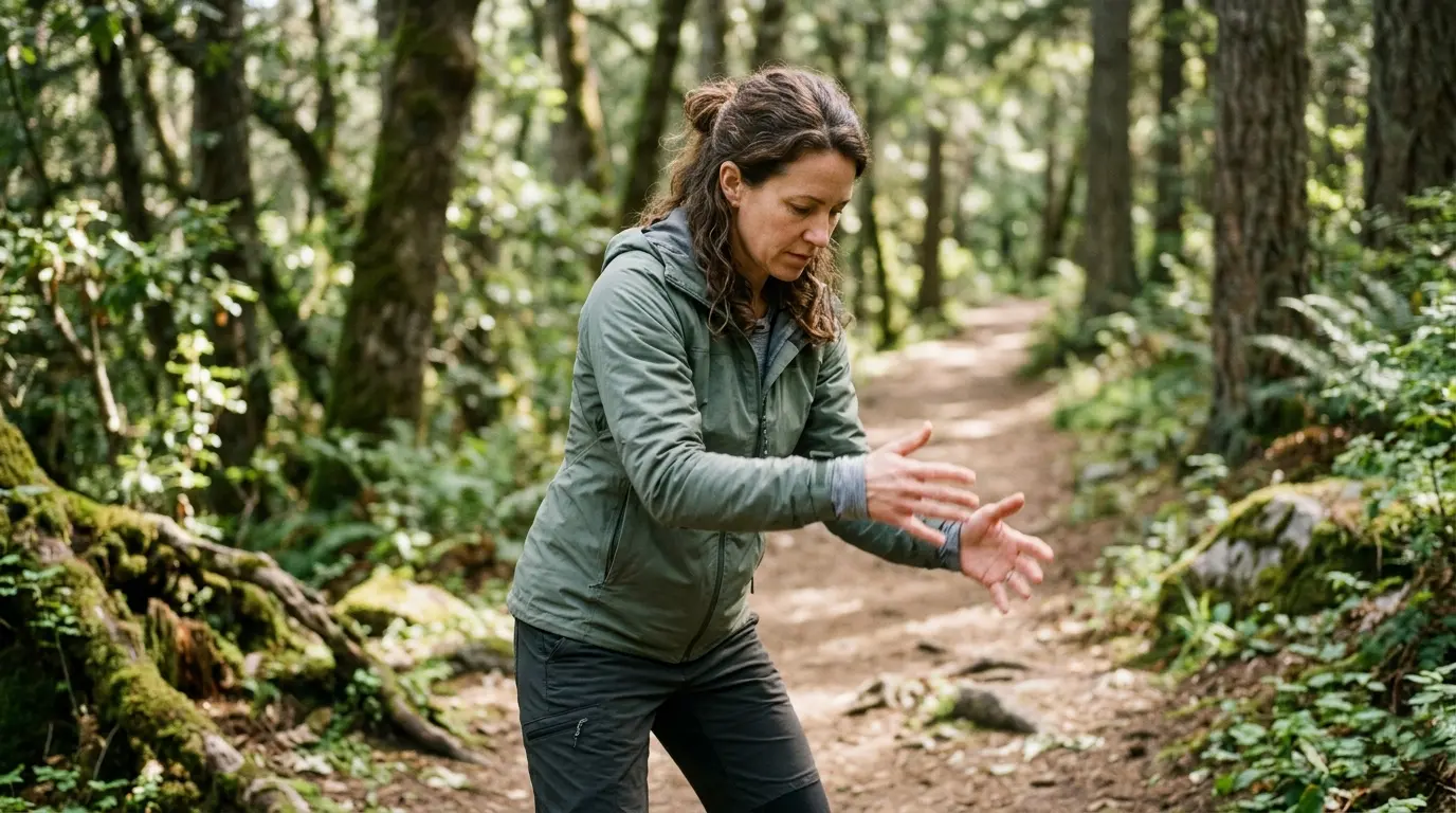 A woman in a green jacket gestures with her hands while standing on a forest trail