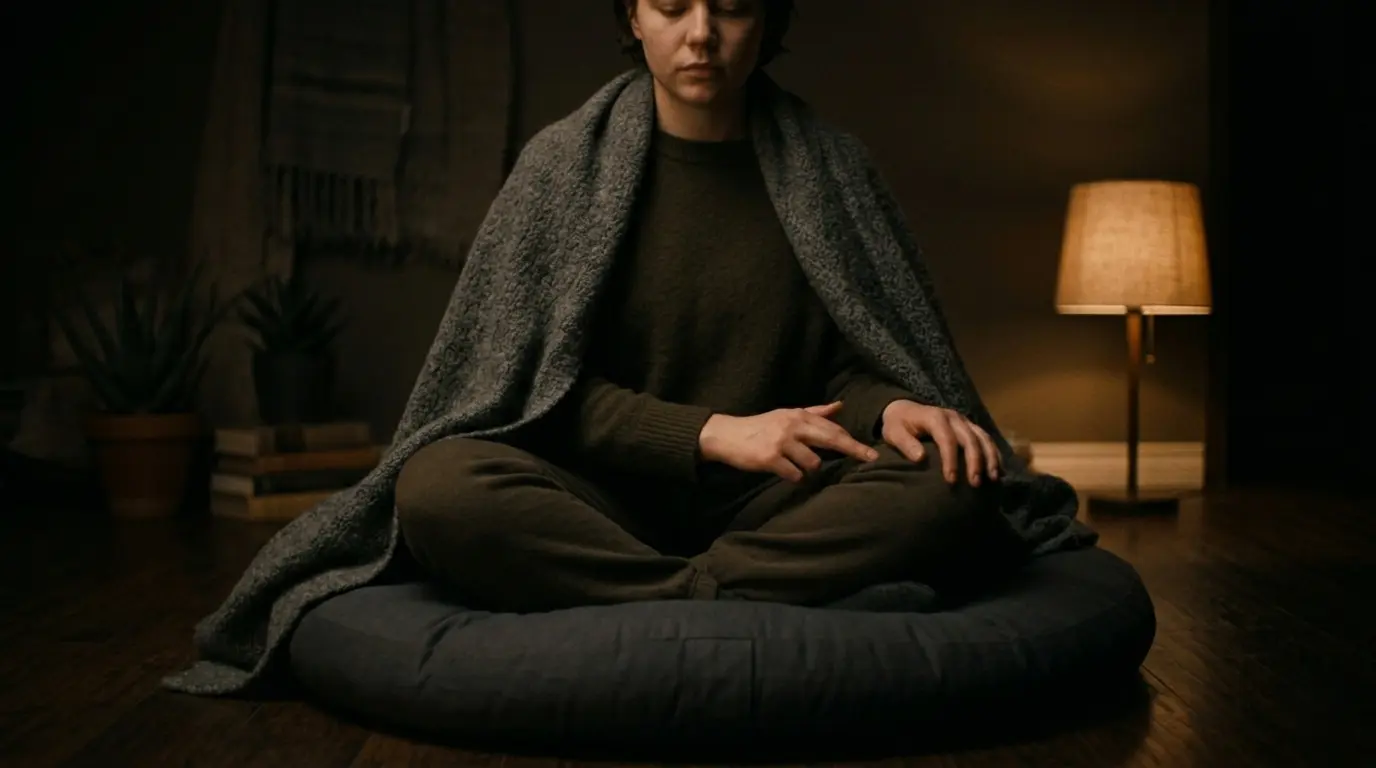 A person sitting cross-legged on a dark cushion in a dim room, gently alternating tapping their left and right knees.