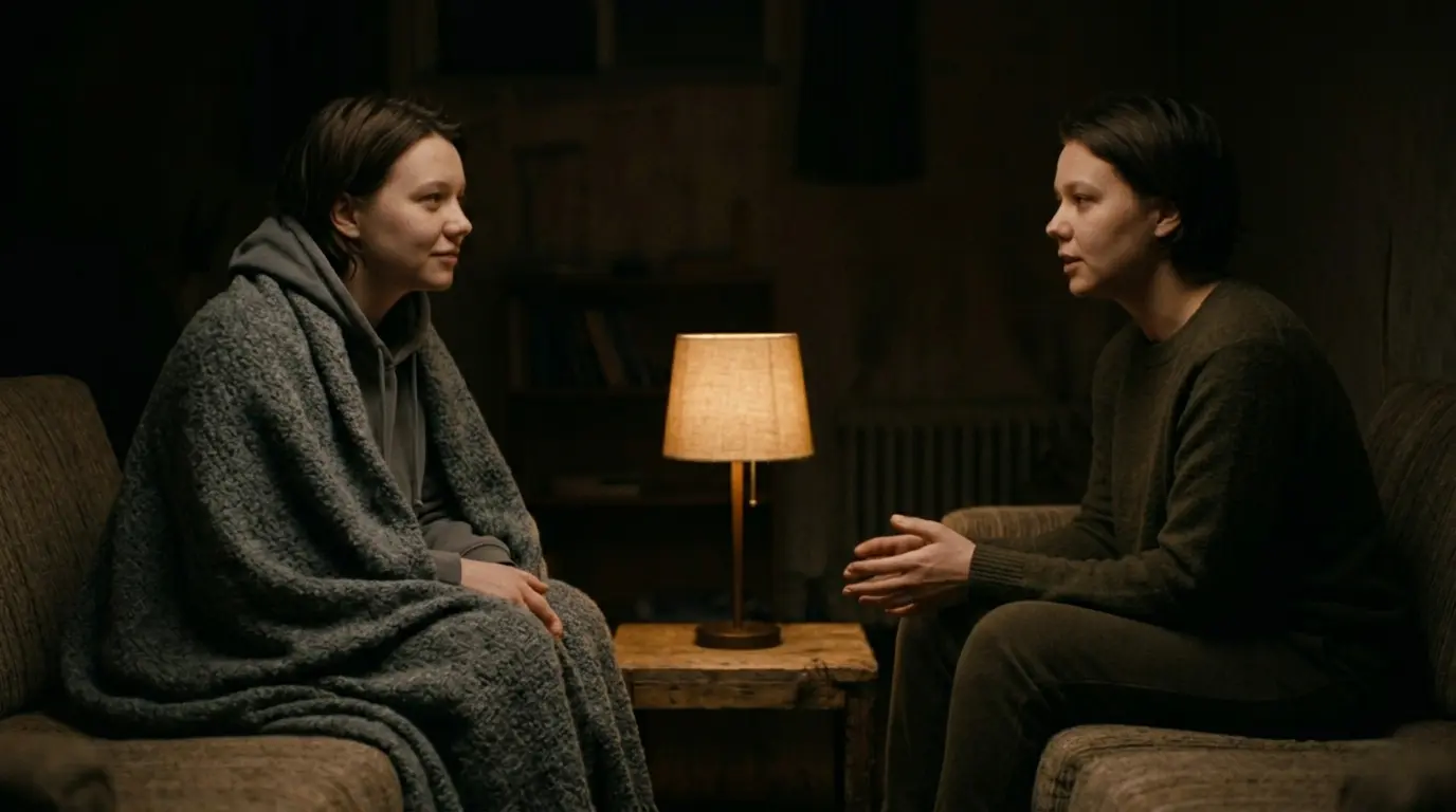 Two people sitting across from each other in a dim, safe space. One person listens attentively, the other speaks softly.
