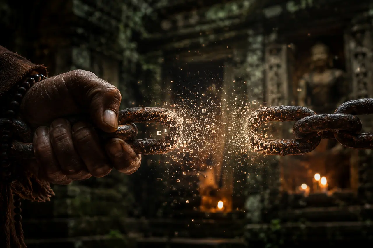 A weathered hand pulls a rusted chain as one link dissolves into glowing digital particles in a dark stone temple
