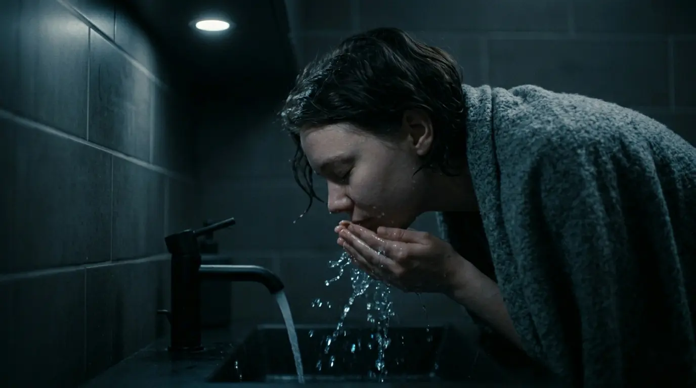 A person splashing cool water on their face at a dark bathroom sink, eyes closed, soft muted light from above.