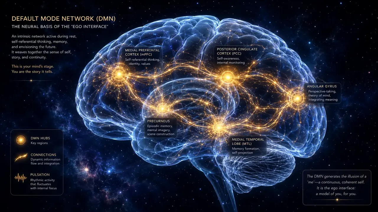 The brain's Default Mode Network (DMN) showing key hubs and their roles in self-referential thinking, memory, and identity