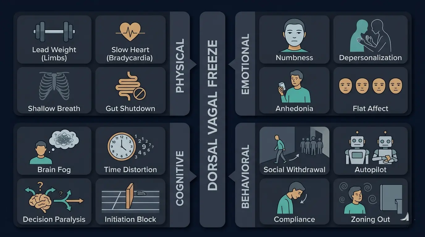 Symptoms of Dorsal Vagal Freeze categorized into physical, cognitive, emotional, and behavioral effects