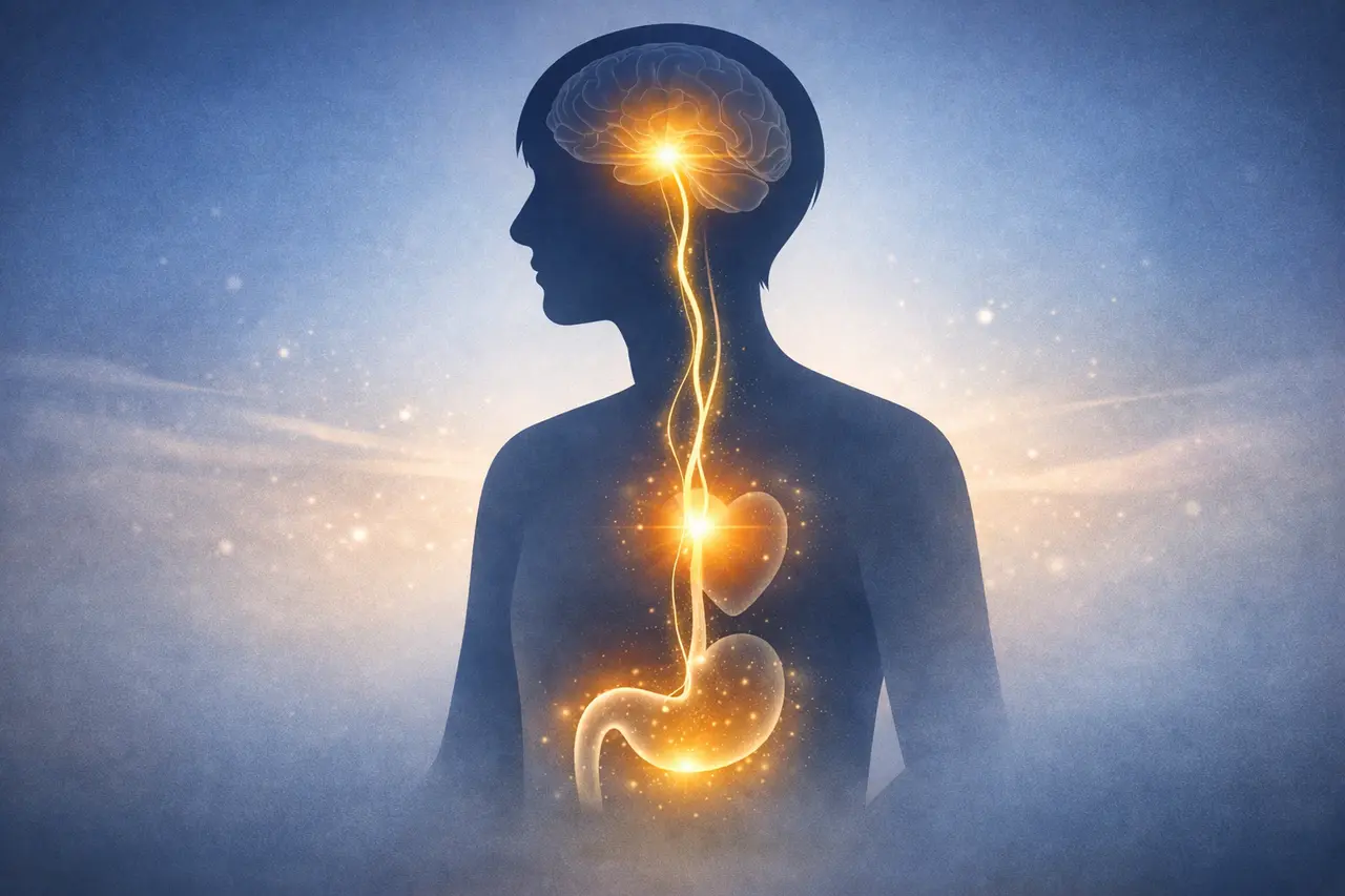 Silhouette of a person with glowing brain, heart, and stomach connected by a path of light
