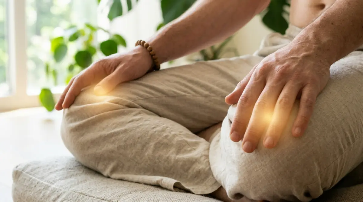 Person sitting cross-legged in meditation with glowing light emanating from their palms resting on their knees