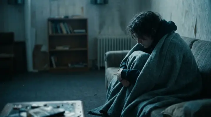 A person huddled under a blanket on a sofa in a dark, sparsely furnished room in a freeze state.