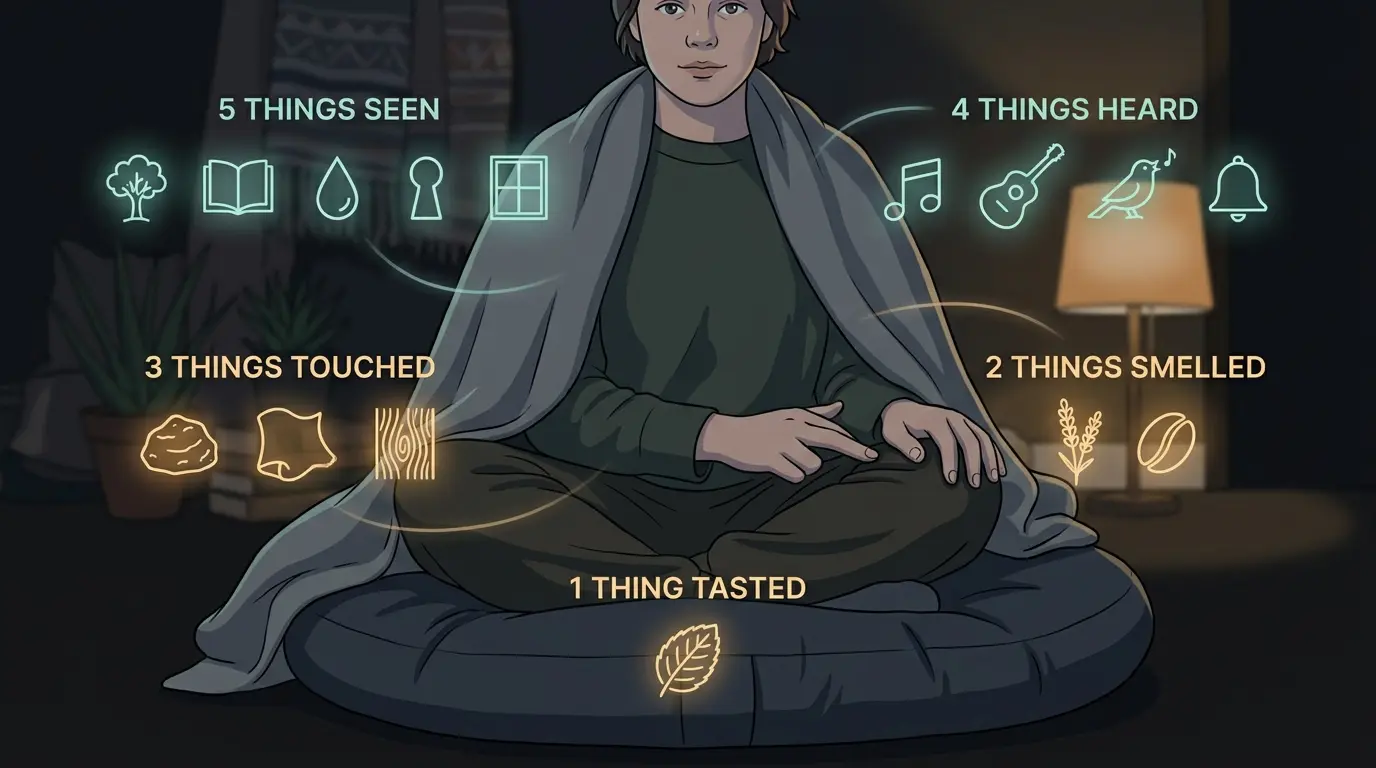 The 5-4-3-2-1 grounding technique: identify 5 things seen, 4 heard, 3 touched, 2 smelled, and 1 tasted