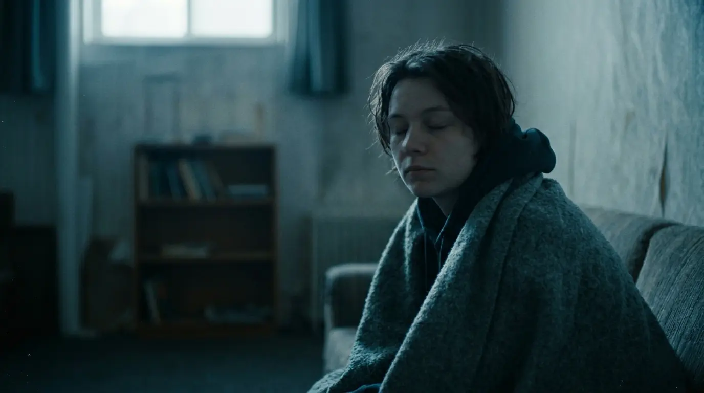 Soft cool light from a small window casts subtle shadows. The person is wrapped in a dark blanket