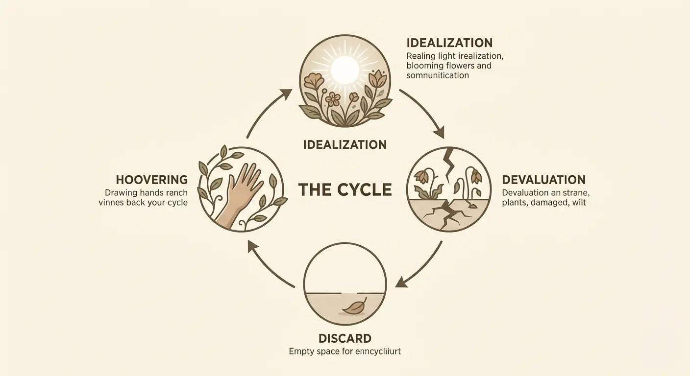 Diagram of "The Cycle" showing four stages: Idealization, Devaluation, Discard, and Hoovering