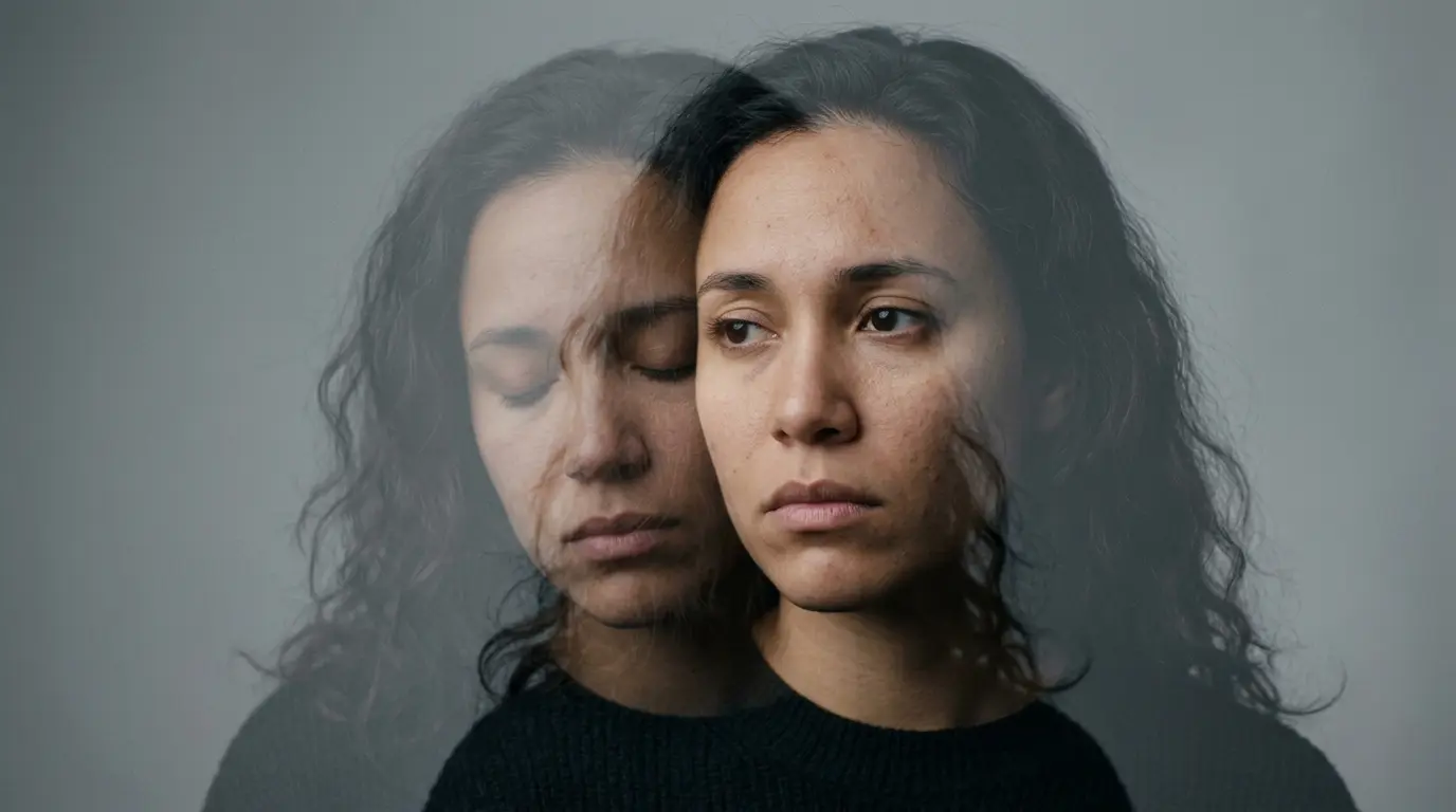Two translucent female faces overlapping, illustrating the loss of identity that occurs through narcissistic mirroring