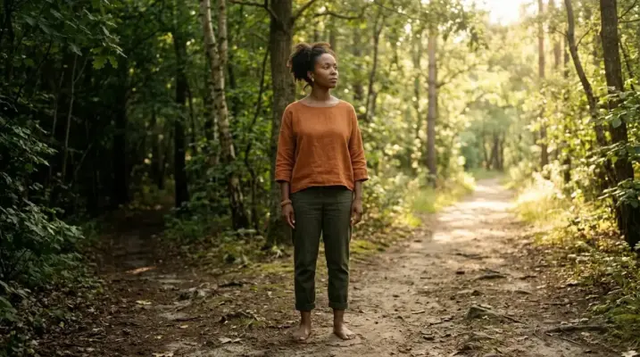 A woman standing at a forest crossroads in soft morning light, symbolizing the choice to begin healing from narcissistic abuse patterns