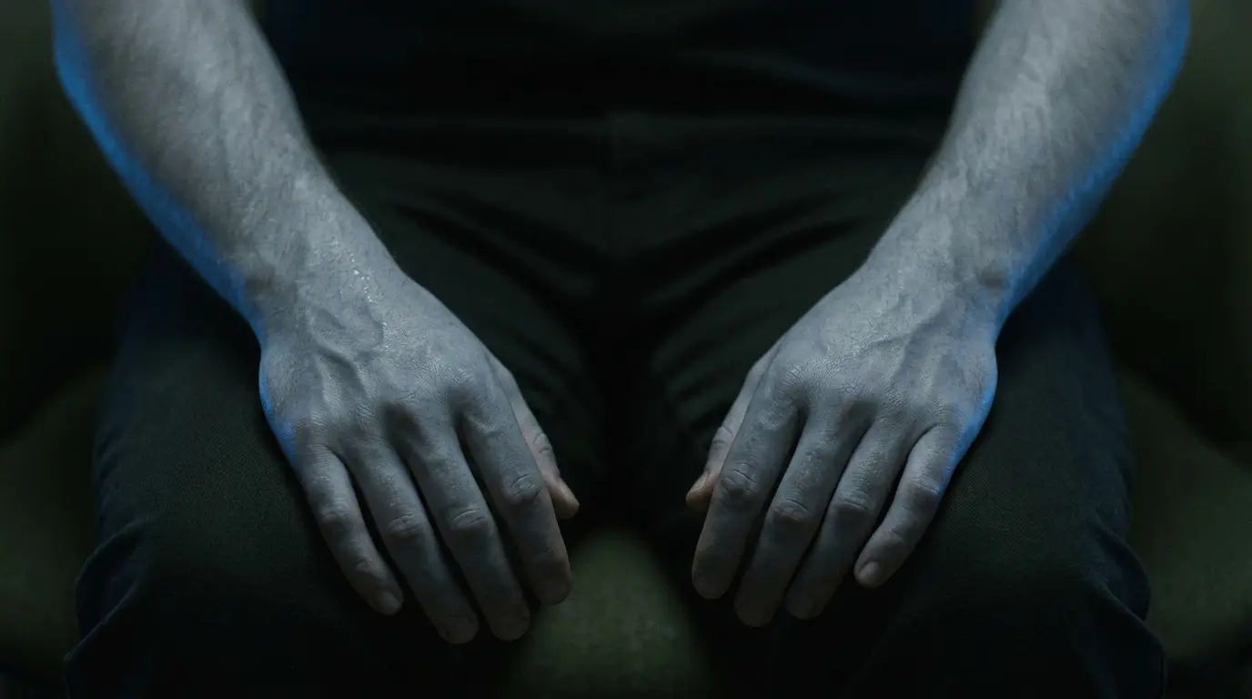 Pale, blue-tinted hands resting on a person's lap in dim lighting
