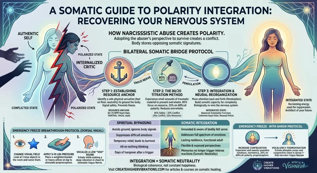 Infographic outlining a 3-step Somatic Bridge Protocol for nervous system recovery, including emergency freeze techniques and somatic integration tips