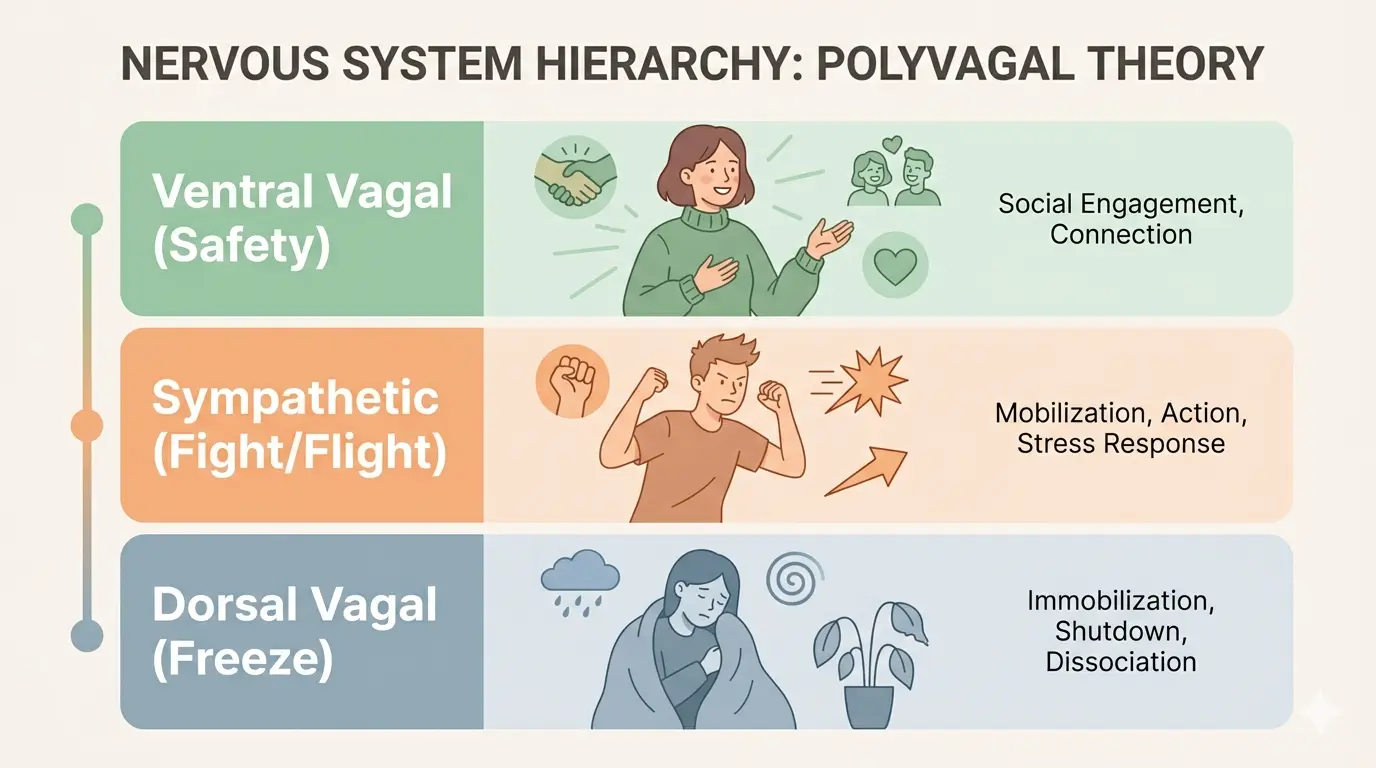 Polyvagal Theory hierarchy: Ventral Vagal (Safety/Connection), Sympathetic (Fight/Flight/Action), and Dorsal Vagal (Freeze/Shutdown)