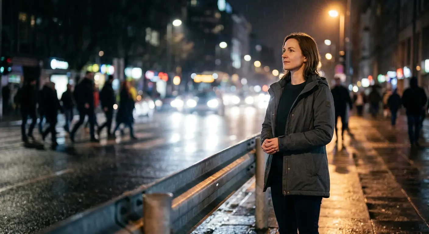 A woman in a dark jacket stands on a wet city street at night, with blurred traffic and pedestrians behind her