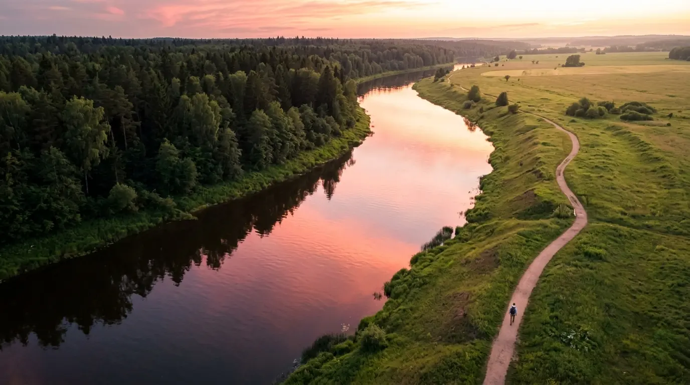 A hiker walks on a winding path beside a river reflecting a pink sunset, bordered by a dense forest