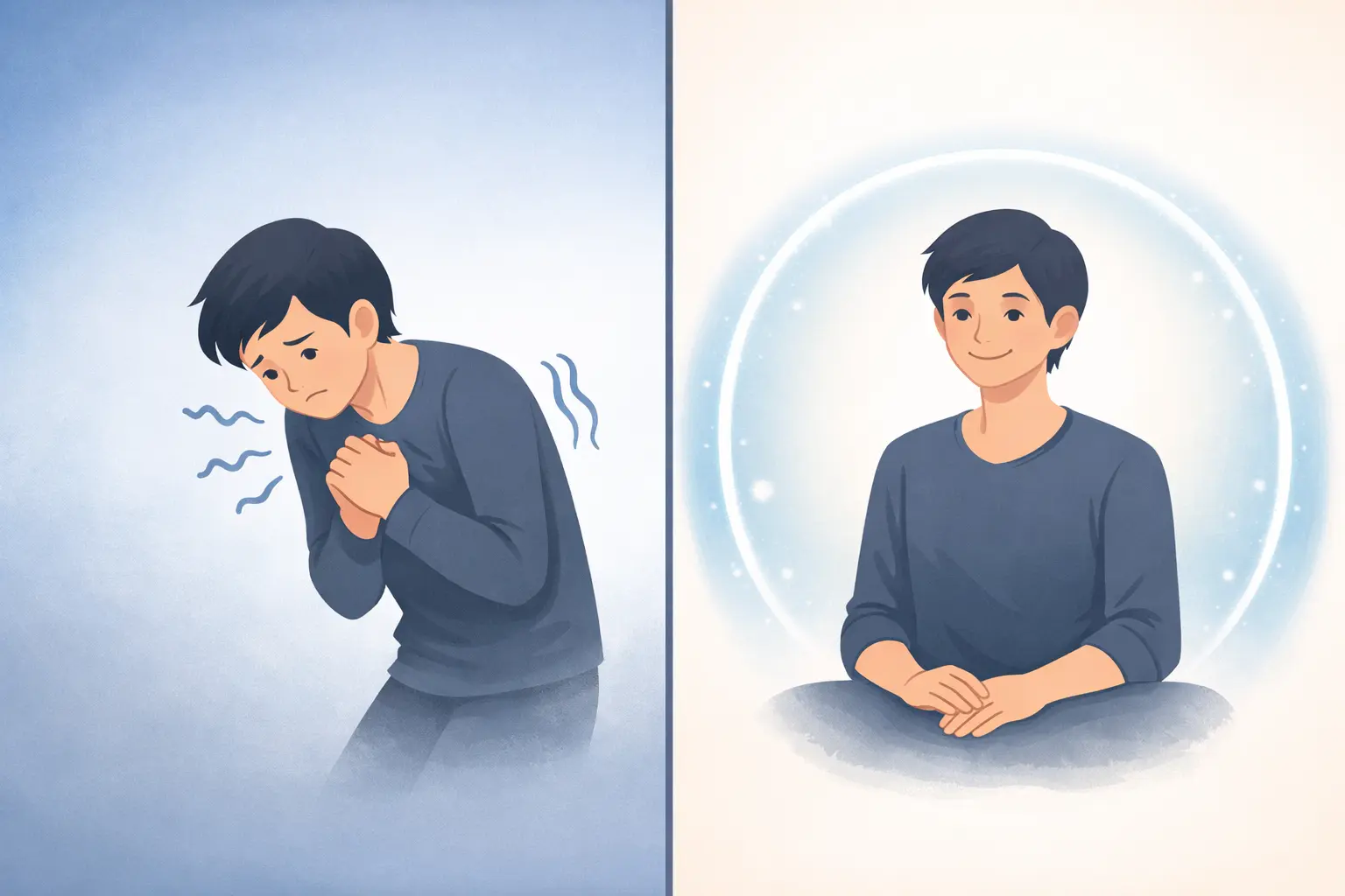 Side-by-side illustration of a person feeling anxious and shivering versus feeling calm and peaceful