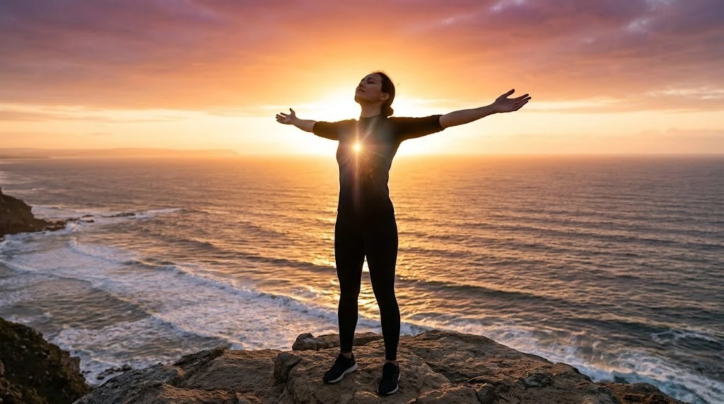 A woman standing on a cliff with arms outstretched, facing the ocean at sunrise