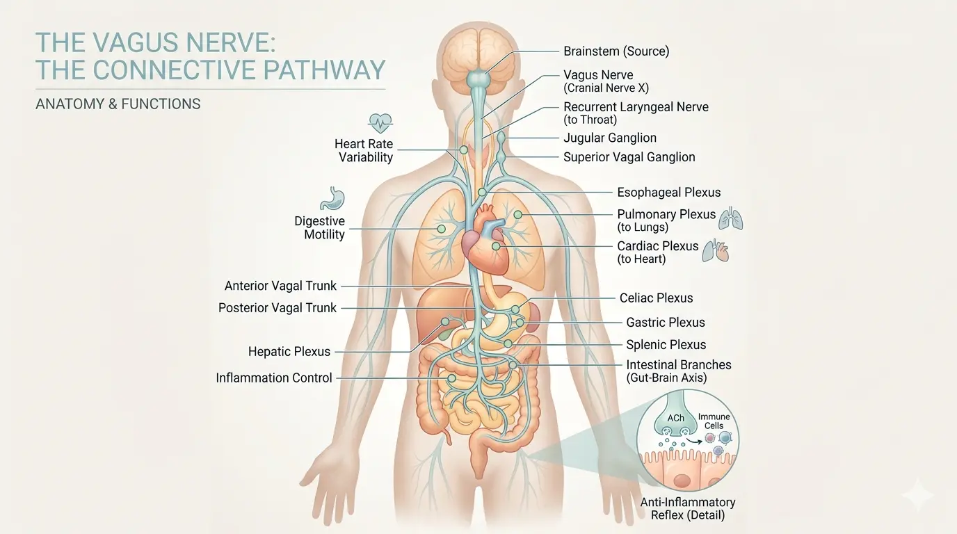 Diagram of the vagus nerve pathway from the brainstem to major organs including the heart, lungs, and digestive tract
