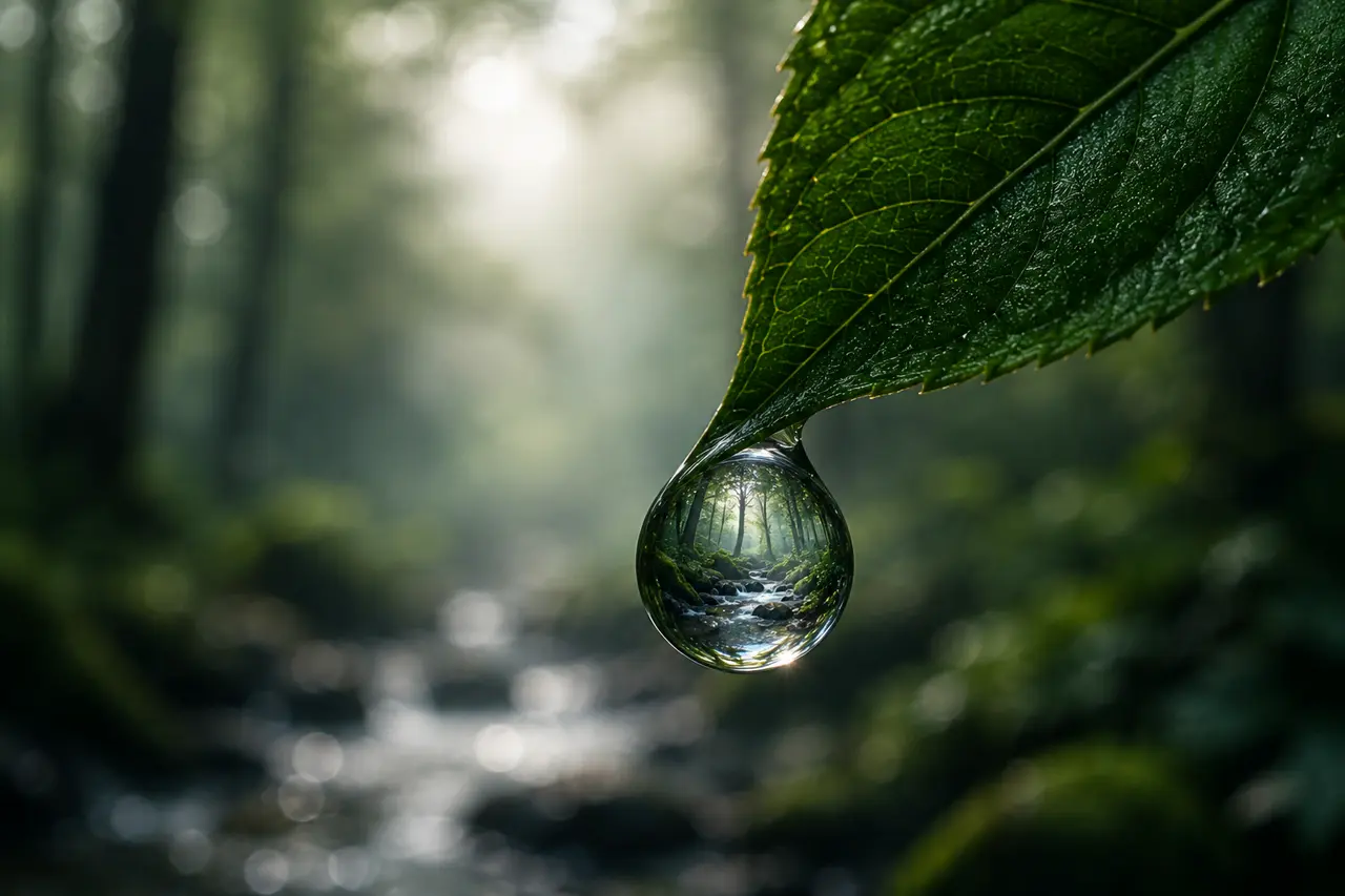 A water droplet hanging from a leaf tip, reflecting a sunlit forest and stream