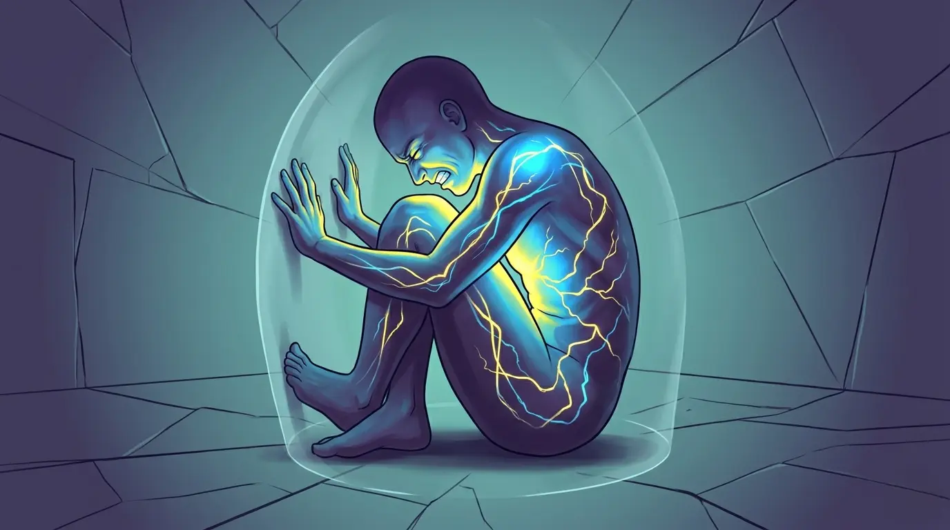 A person curled in a fetal position inside a glowing bubble, with electric energy coursing through their body